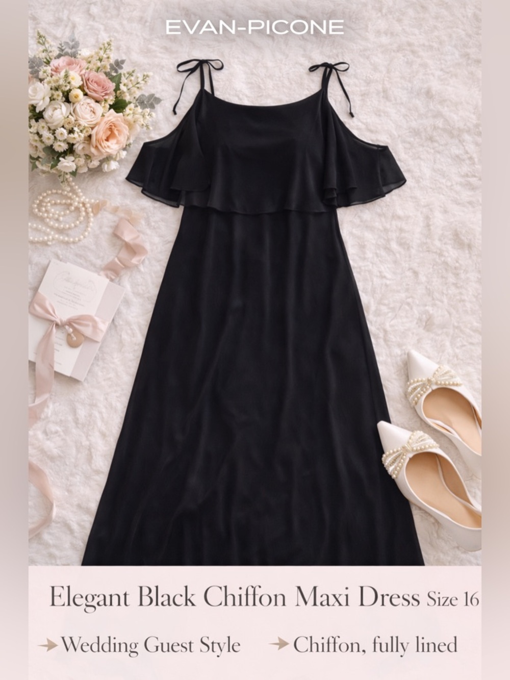 Evan Picone Black Chiffon Maxi Dress Size 16 Elegant Formal Evening